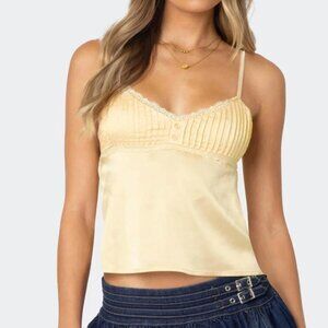 Edikted Butter Yellow Blanca Satin Effect Lace Trim Tank Top Size M